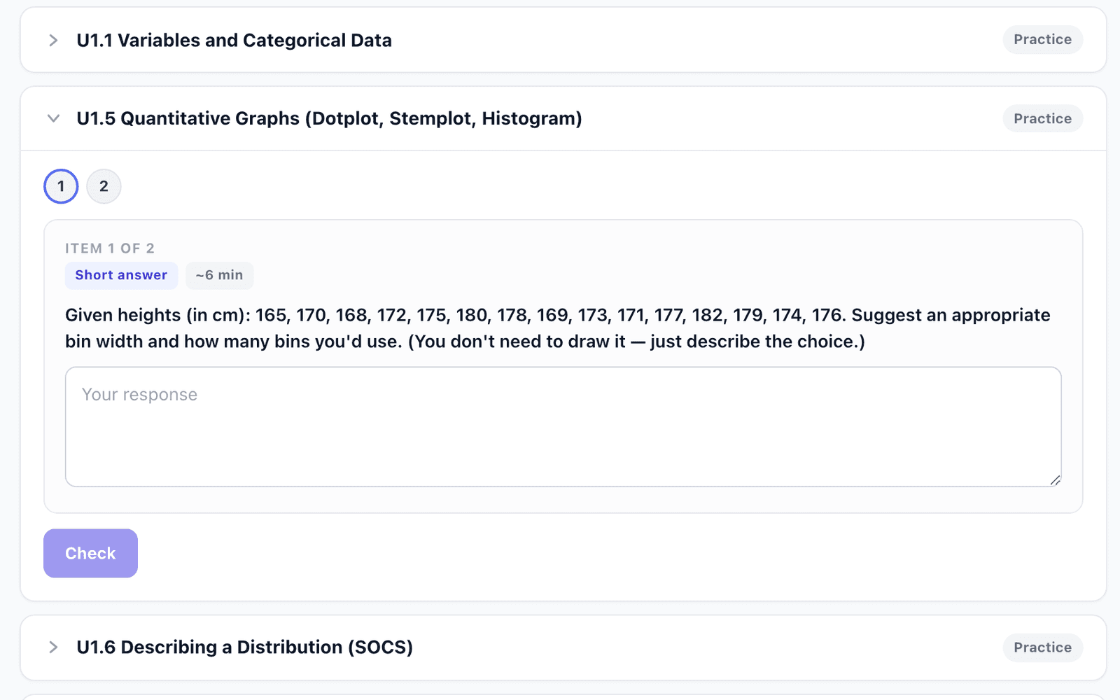 The practice tab: a short-answer histogram question with a response box and Check button