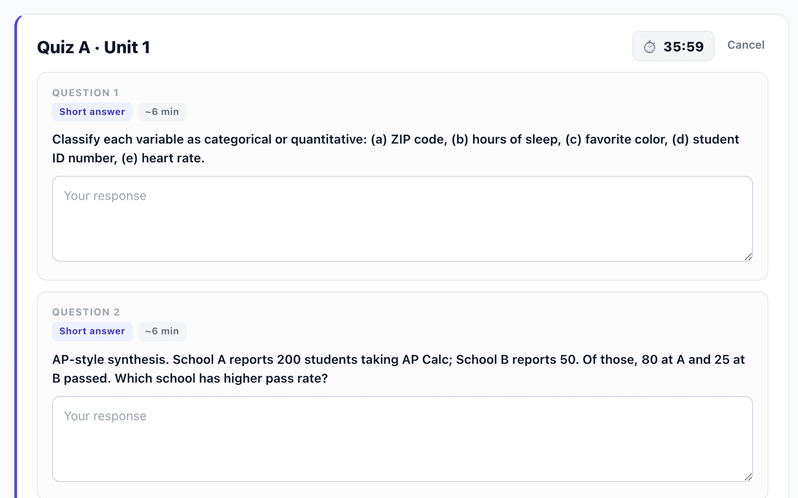 A timed unit quiz in progress: AP Statistics questions with a countdown timer