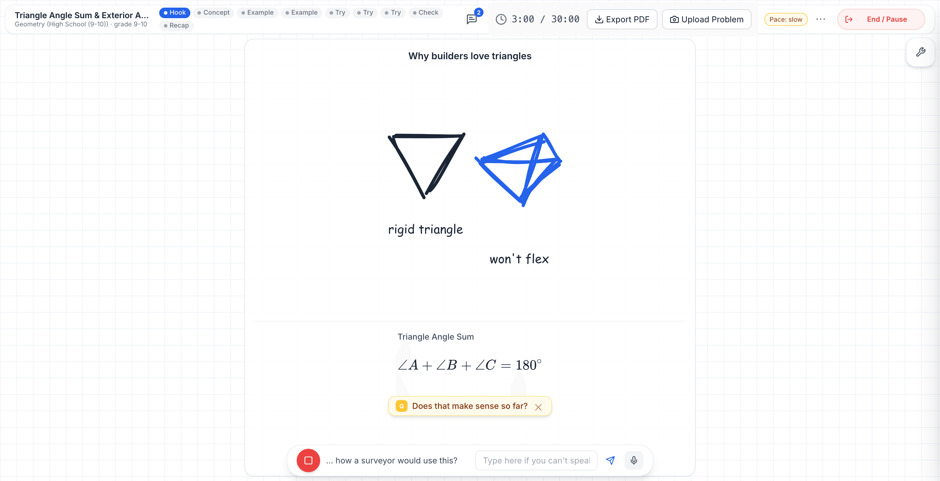 A live Crimsora tutoring session: two hand-drawn triangles on the whiteboard illustrating why triangles are rigid, above the triangle angle sum formula