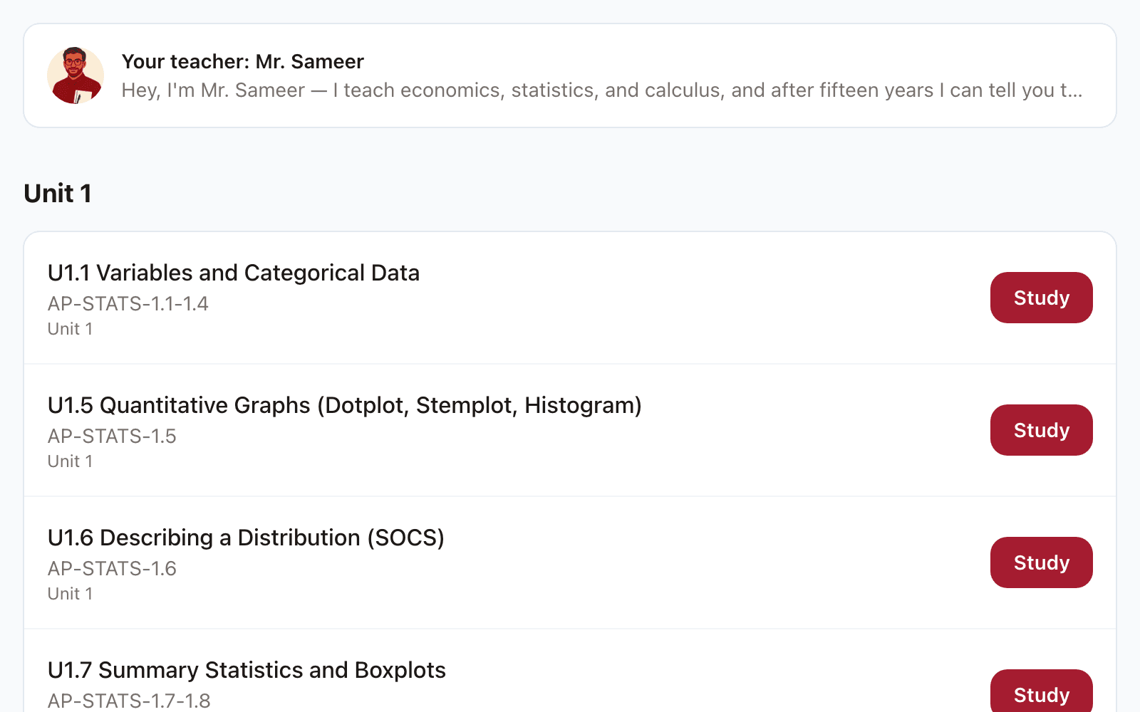 The lessons tab: a teacher introduction from Mr. Sameer above a list of AP Statistics Unit 1 lessons, each with a Study button